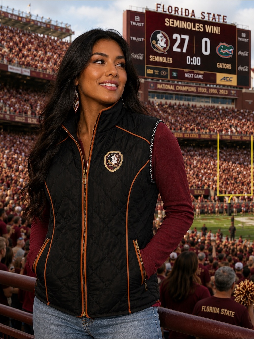 Florida State Seminoles Women’s Quilted Full Zip Vest Med Black Gameday Couture